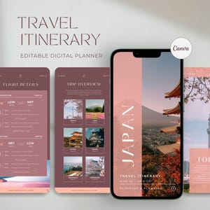 May include: Digital travel itinerary planner on a smartphone, with a Japanese theme. The screen displays flight details, trip overviews, and scenic photos. The text "TRAVEL ITINERARY" and "JAPAN" are visible. The design is in shades of pink and white.