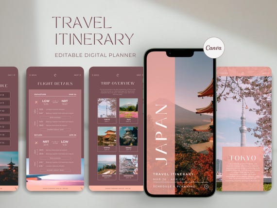 Travel Itinerary Template | Japan Trip Planner | Travel Guide | Vacation planner  | Canva Template