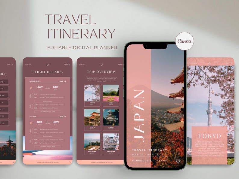 May include: Digital travel itinerary planner on a smartphone, showcasing a Japanese theme. The screen displays flight details, trip overviews, and scenic photos. The text "TRAVEL ITINERARY" and "JAPAN" are visible. The design is in shades of pink and white.