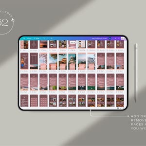 May include: A digital tablet displays a travel itinerary template with 62 pages. The template features a mauve color scheme with various travel-related images and text. A stylus rests beside the tablet. Text on the screen says "Add or remove pages as you wish."