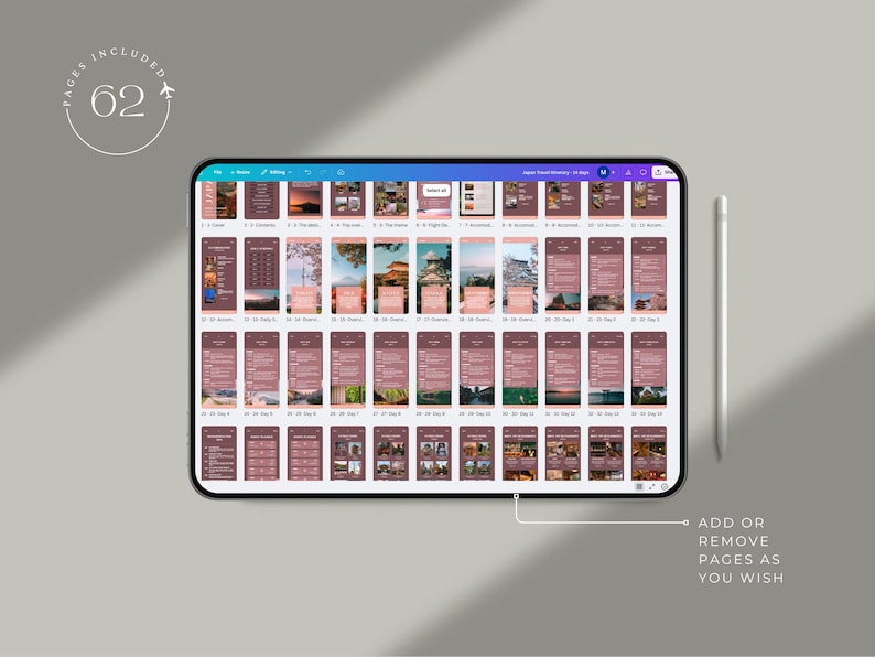 May include: A digital tablet displays a travel itinerary template with 62 pages. The template features a mauve color scheme with various travel-related images and text. A stylus rests beside the tablet. Text on the screen says "Add or remove pages as you wish."