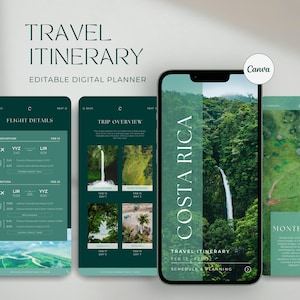 Plantilla de itinerario de viaje / Planificador de viajes a Costa Rica / Guía de viaje / Planificador de vacaciones / Plantilla de Canva