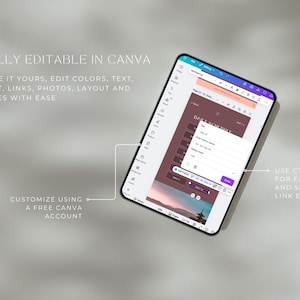 May include: A digital tablet displaying a daily schedule template in Canva. The screen shows editable text, colors, and photos. The text reads "FULLY EDITABLE IN CANVA" and "CUSTOMIZE USING A FREE CANVA ACCOUNT". The tablet is on a light gray surface.