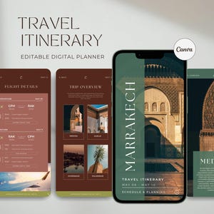 Puede incluir: Un itinerario de viaje digital mostrado en smartphones. Las pantallas presentan un esquema de color marrón y verde con imágenes de Marrakech y Medina. El texto incluye "Itinerario de viaje" y "Planificador digital editable."