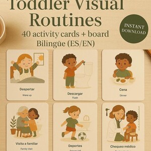 Puede incluir: Un conjunto de seis tarjetas de actividades ilustradas para niños pequeños, que representan rutinas diarias. Las tarjetas incluyen imágenes y texto en inglés y español. La parte superior de las tarjetas dice "Toddler Visual Routines". Las tarjetas están diseñadas para descarga instantánea.