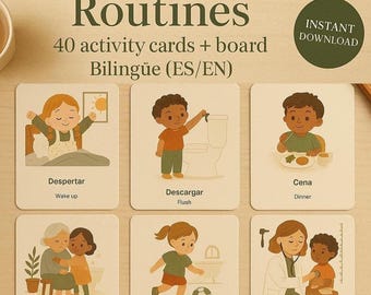 Toddler Visual Routine Cards & Boards • Bilingual ES/EN Printable • 32 Activities + 6 Blanks + First–Then • Boho Minimal
