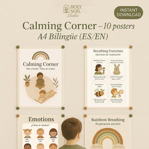 Op de afbeelding: Een set van vier A4-posters met kalmerende oefeningen voor kinderen. De posters bevatten illustraties en tekst in het Engels en Spaans. De bovenste poster leest "Calming Corner". De andere posters tonen ademhalingsoefeningen.