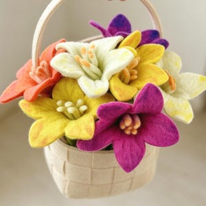Wool Felt Lily Flower Bouquet, Felted Flowers Art, Flower Arrangement, Birthday Gift For Mom Handmade Felt Floral, Forever Flower Decor