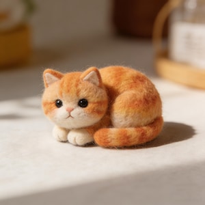 Op de afbeelding: Een handgemaakte oranje en witte kattenfiguur. De kat is opgerold, met zijn poten onder zijn lichaam. Het heeft grote zwarte ogen en een witte snuit. De vacht van de kat is een mix van oranje en wit, waardoor het een gestreept uiterlijk heeft. Het figuur is gemaakt van een zacht, pluizig materiaal.