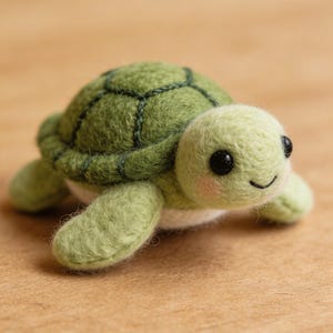 Puede incluir: Un juguete de tortuga de peluche hecho a mano. La tortuga tiene un caparazón verde con un patrón cosido, extremidades verde claro y una cabeza de color crema. Tiene ojos negros y una pequeña sonrisa, con mejillas sonrojadas. El juguete está diseñado para ser lindo y amigable.