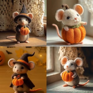 Può includere: Un collage di quattro topi di feltro in costumi di Halloween. Un topo indossa un cappello e un mantello da strega, tenendo in mano una zucca. Un altro è in costume da zucca. Gli altri due topi tengono anche zucche, uno con un cappello da strega.