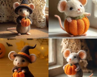 May include: A collage of four adorable felt mice in Halloween costumes. One mouse wears a witch hat and cape, holding a pumpkin. Another is in a pumpkin costume. The other two mice also hold pumpkins, with one wearing a witch hat.