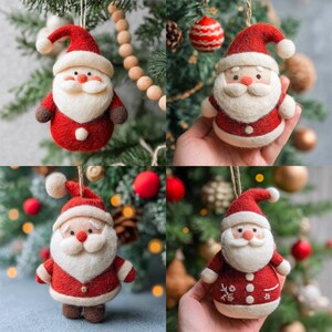 Pode incluir: Quatro enfeites de Natal feitos &agrave; m&atilde;o em forma de Papai Noel. Cada Papai Noel tem um chap&eacute;u e casaco vermelhos, barba branca e rosto sorridente. Os enfeites s&atilde;o feitos de feltro e est&atilde;o pendurados em uma &aacute;rvore de Natal.