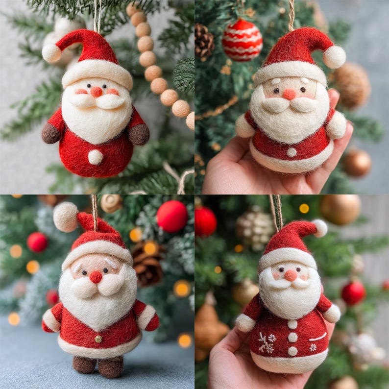 Pode incluir: Quatro enfeites de Natal feitos &agrave; m&atilde;o em forma de Papai Noel. Cada Papai Noel tem um chap&eacute;u e casaco vermelhos, barba branca e rosto sorridente. Os enfeites s&atilde;o feitos de feltro e est&atilde;o pendurados em uma &aacute;rvore de Natal.