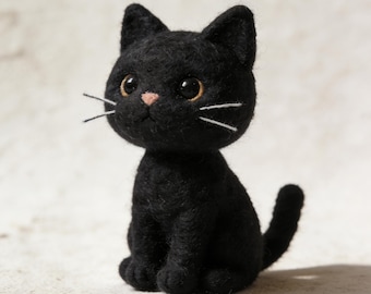 Handgemachter Nadelgefühlter Schwarze Katze Süßer Wollfilz Figur Schreibtisch Regal Dekor Einzigartiges Geburtstagsgeschenk Katzenliebhaber