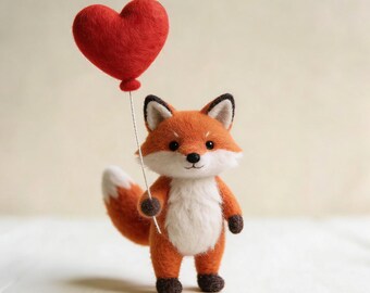 Handmade Felted Heart Fox Doll, Adorable Cat Felt Artwork, Needle-Felted Mouse Valentine's Day Gift, Heart Wool Animal, Romantic Decor Gift