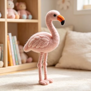 Puede incluir: Una figura de flamenco hecha con lana afieltrada con aguja en color rosa. El ave presenta un cuello largo y curvado, un diseño de ala texturizado y dos patas delgadas. Su pico es de color naranja brillante con una punta negra y un ojo oscuro.