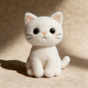 Handmade White Cat Wool Felt Plush Figurine Cute Kitten Desk Decor Cozy Nursery Shelf Accent Cat Lovers Pet Owner Gift Felt Animal Sculpture