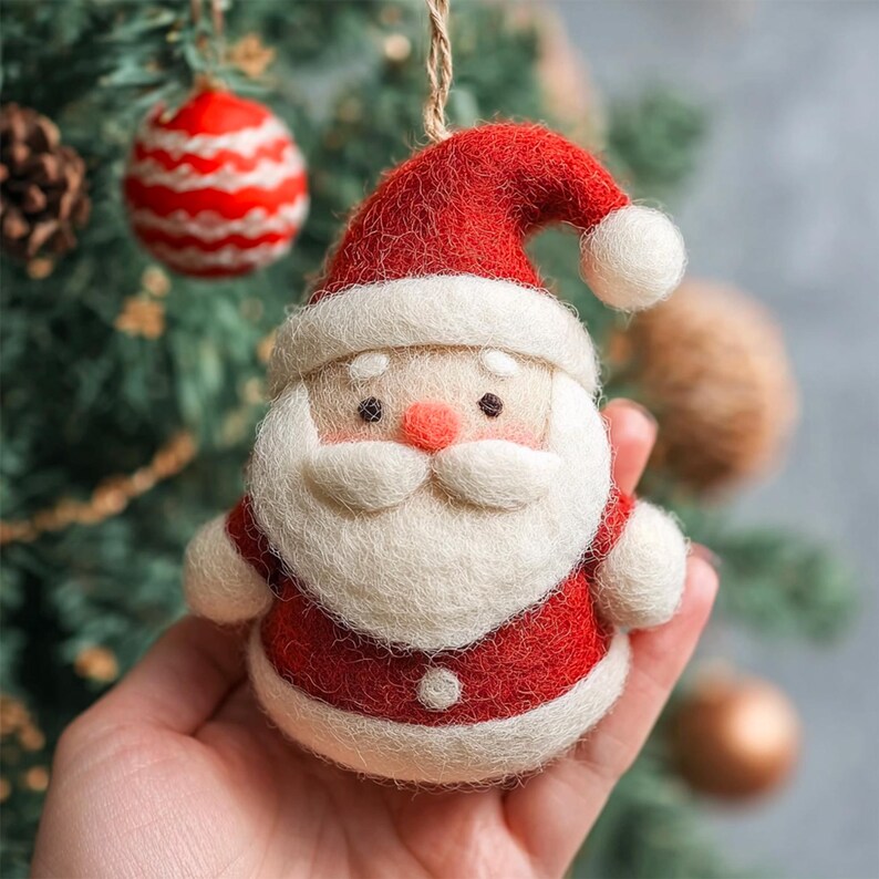 Pode incluir: Um enfeite de Natal artesanal em forma de Papai Noel. O enfeite apresenta um chap&eacute;u e casaco vermelhos, barba e bigode brancos e um rosto rosado. &Eacute; feito de feltro e tem um cord&atilde;o para pendurar. Outras decora&ccedil;&otilde;es de Natal s&atilde;o vis&iacute;veis ao fundo.