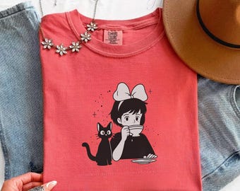 Vintage Kiki Inspired Shirt, Cozy Witch Cat Anime Tee, Japanese Y2K Aesthetic Gift