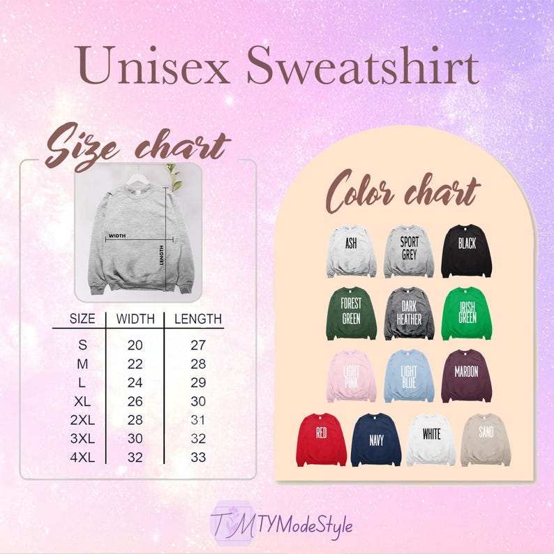 May include: A graphic showing a size and color chart for unisex sweatshirts. The size chart shows measurements in inches. The color chart displays various sweatshirt colors, including ash, black, and red. The text "Unisex Sweatshirt" is at the top.