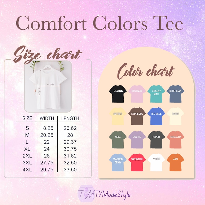 May include: A graphic showing a Comfort Colors Tee size and color chart. The size chart displays measurements in inches for sizes S through 4XL. The color chart features various shirt colors, including black, blossom, and blue jean.