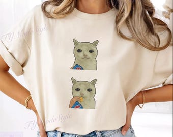 Funny Pixel Cat Eating Chips T-Shirt, Sad Cat Eating Snack Tee, Relatable Introvert Cat Lover Gift