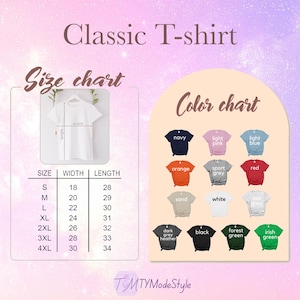 May include: A graphic showing a white Classic T-shirt with a size chart and color options. The size chart lists sizes S to 4XL with corresponding width and length measurements in inches. Color options include navy, orange, sand, dark grey heather, black, forest green, and irish green.