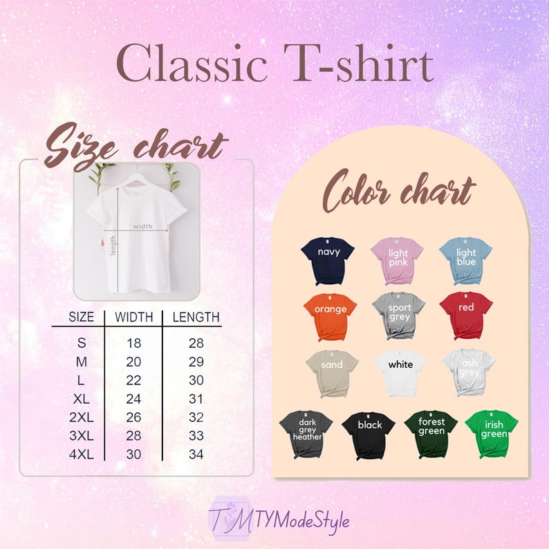 May include: A graphic showing a white Classic T-shirt with a size chart and color options. The size chart lists sizes S to 4XL with corresponding width and length measurements in inches. Color options include navy, orange, sand, dark grey heather, black, forest green, and irish green.