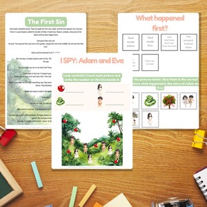 Puede incluir: Hojas de trabajo educativas para niños sobre la historia de Adán y Eva. Las hojas de trabajo incluyen texto e ilustraciones, con actividades como emparejar y contar. Las páginas están dispuestas sobre una superficie de madera con útiles escolares.