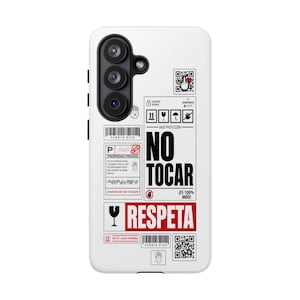 May include: White phone case with a graphic design featuring the words "NO TOCAR" in bold black letters, and "RESPETA" in red. The case also includes various warning symbols and text in Spanish, along with a QR code.