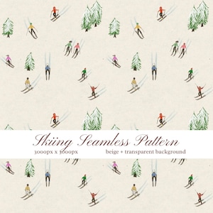 May include: A seamless pattern featuring watercolor-style illustrations of skiers in various colored outfits and green pine trees on a beige background. The text reads Skiing Seamless Pattern, 3000px x 3000px, beige + transparent background.