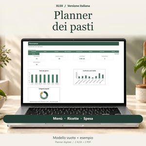 May include: A digital meal planner displayed on a laptop screen, featuring the text 'Planner dei pasti' and 'Menù · Ricette · Spesa'. The interface includes data tables, bar charts, and a pie chart for tracking meals, recipes, and grocery expenses in Italian.