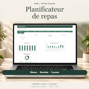 May include: A laptop screen displaying a digital meal planner spreadsheet titled Planificateur de repas. The interface includes a dashboard with data tables, bar charts, and a pie chart for tracking recipes, costs, and grocery lists. A dark green button at the bottom reads Menus, Recettes, Courses.