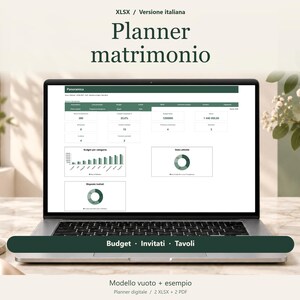 May include: A laptop screen displaying a digital wedding planner spreadsheet with the text 'Planner matrimonio' and 'Budget · Invitati · Tavoli'. The interface features dark green headers, data tables, bar charts, and pie charts for tracking wedding expenses, guest lists, and seating arrangements.