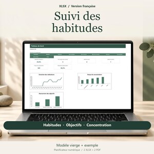 May include: A laptop screen displaying a digital habit tracker dashboard in French, titled Suivi des habitudes. The interface includes data tables, line graphs, and bar charts for tracking goals, concentration, and habits, with the text Habitudes, Objectifs, Concentration.