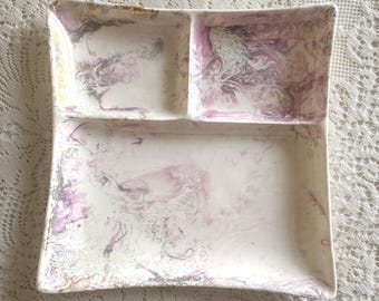 Vintage Sascha Brastoff Divided Dish - Surf Ballet, Pink & Gold Swirl Tray, Mid Century Modern
