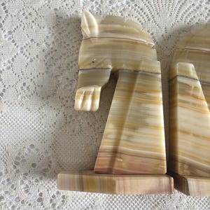 May include: A pair of decorative bookends carved from banded onyx. The bookends are shaped like horses, with tan, cream, and brown color variations. The horse heads are detailed with carved features.