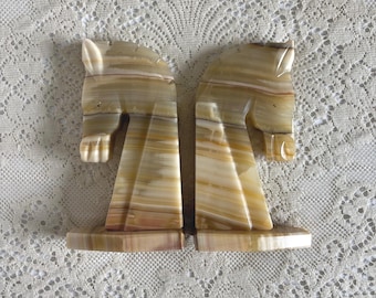 Vintage Marble Trojan Horse Head Bookends | Carved Stone Onyx Bookends | Mid Century Decor Set