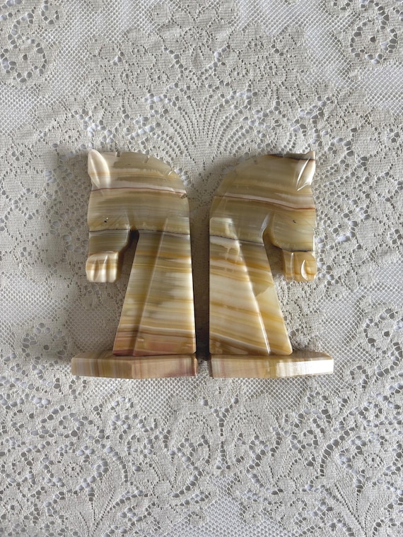Vintage Marble Trojan Horse Head Bookends | Carved Stone Onyx Bookends | Mid Century Decor Set