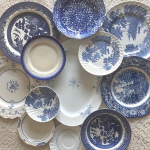 Blue and White Gallery Wall Plates: Vintage Transferware and Ironstone Mix