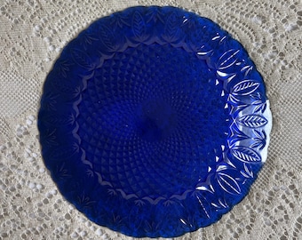 Vintage Avon Cobalt Blue Pressed Glass Dinner Plate | Scalloped Edge Serving Dish