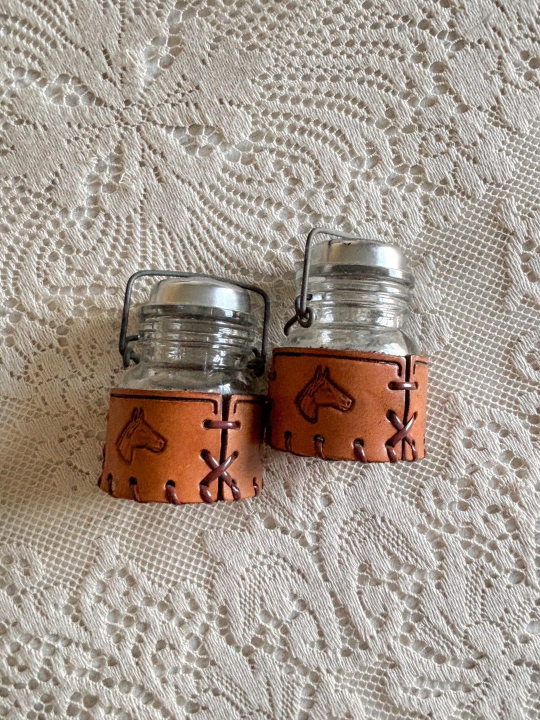Vintage Leather Wrapped Glass Salt & Pepper Shakers with Horse Motif | Rustic Western Farmhouse Kitchen Decor
