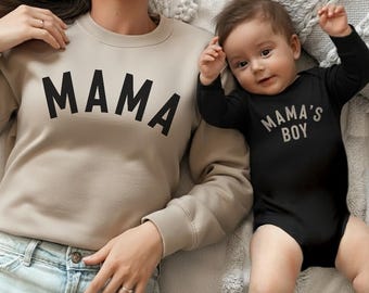 Matching "Mama" Sweatshirt, "Mama’s Boy" Bodysuit or Toddler Sweater, Soft Mommy & Me Family Outfit Set for Photos or Gifts