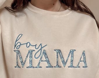 Boy Mama Embroidered Sweatshirt, Blue Floral Chinoiserie Mama Sweater, Fleece Lined Mom Gift in Cream or Sand