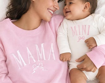 Mama Mini Matching Sweatshirts, Embroidered Mama and Mini Baby Bodysuit or Bubble Romper, Mommy and Me Outfit with Bows