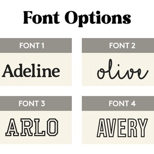 May include: Image displaying "Font Options" in bold black text. Below are four font examples: "Adeline" in a serif font, "olive" in a cursive font, "ARLO" in a block font, and "AVERY" in a sans-serif font. Each font is displayed on a light beige background.