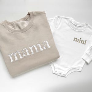 Custom Embroidered Mama & Dad Sweatshirts, Matching Baby Bodysuit | Neutral Coming Home Outfit | Personalized Newborn Family Matching Set
