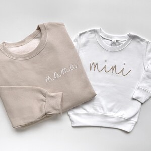 Neutral Embroidered Custom Mama and Mini Mother Daughter Matching Sweatshirts and Bodysuits