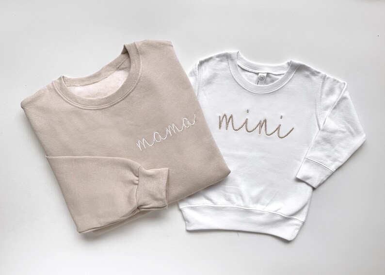 Neutral Embroidered Custom Mama and Mini Mother Daughter Matching Sweatshirts and Bodysuits
